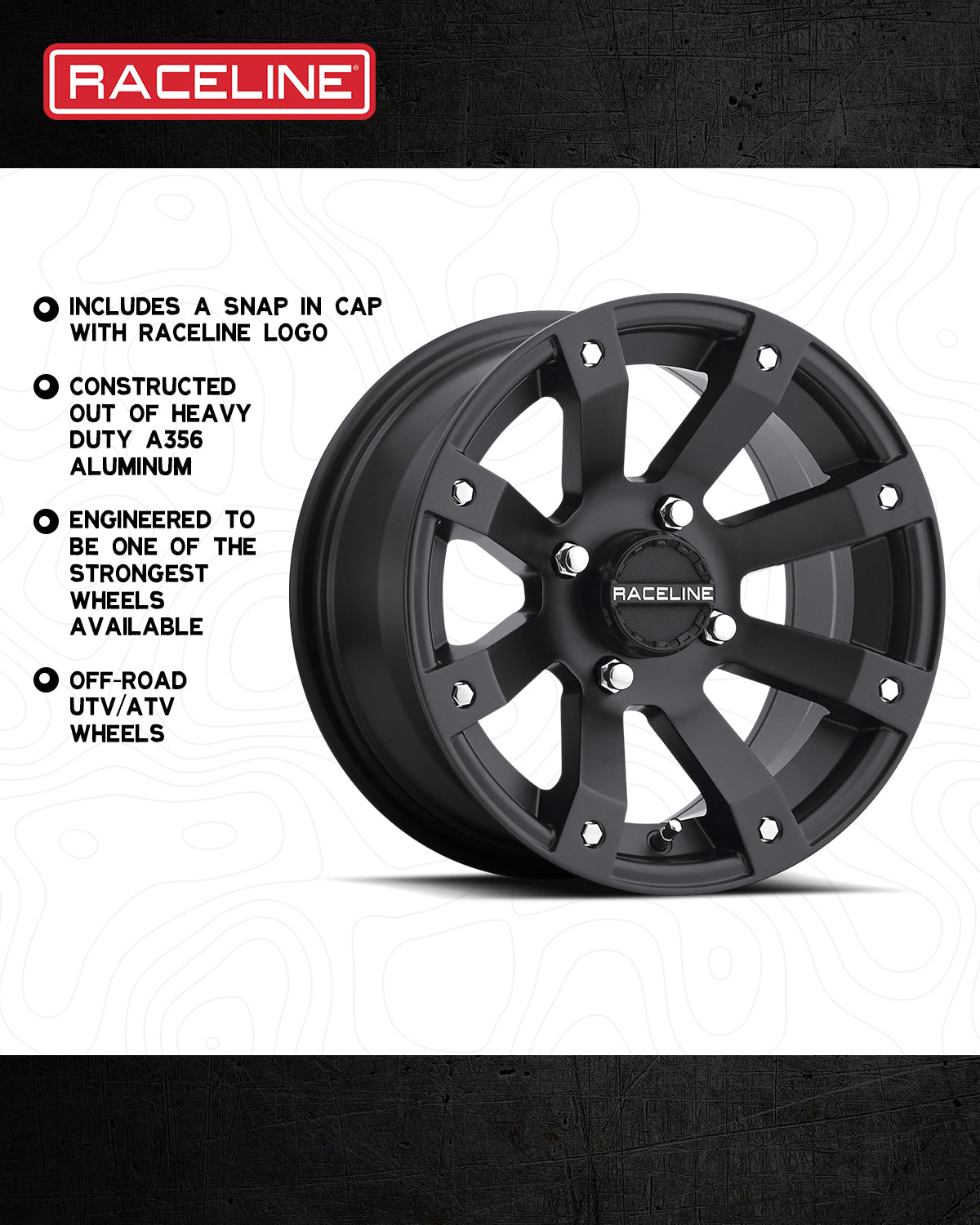 A79 Scorpion wheel by Raceline, featuring a durable A356 aluminum construction and a sleek black finish for off-road UTV and ATV use.