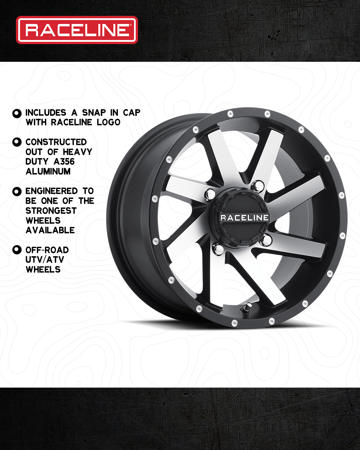 A82M Twist off-road wheel featuring a sleek black finish and Raceline logo, designed for strength and durability.