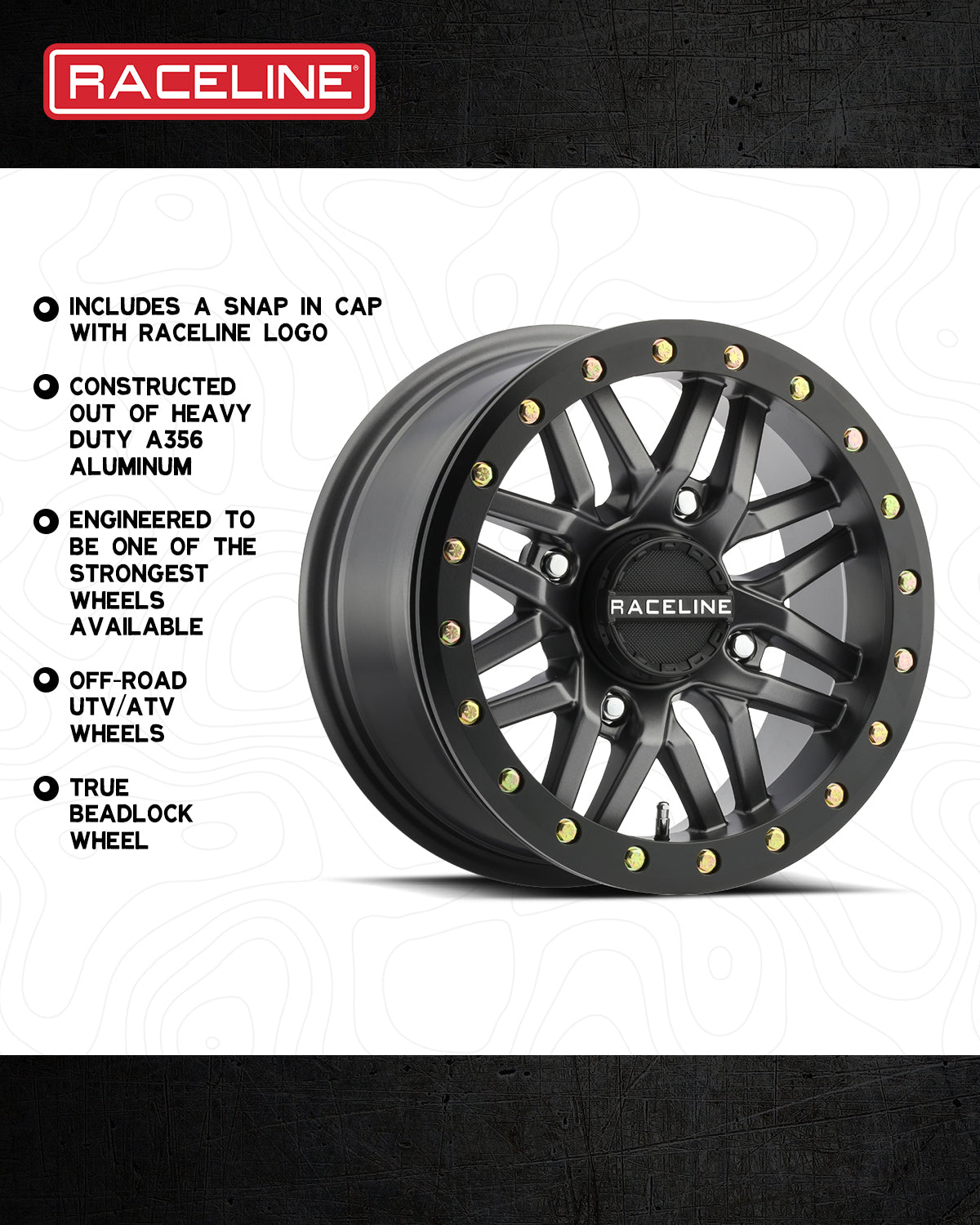 A91G Ryno Beadlock wheel featuring a heavy-duty aluminum construction, snap-in cap, and off-road design for UTVs and ATVs.