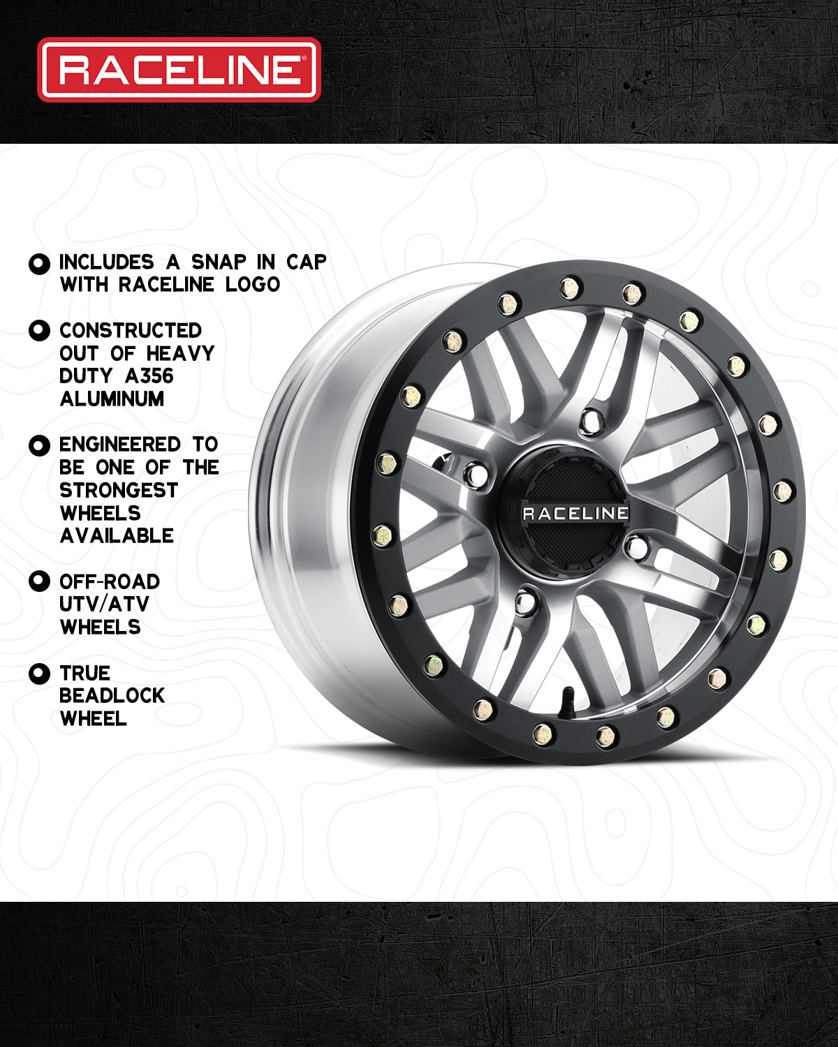 A91MA Ryno Beadlock wheel featuring a heavy-duty aluminum construction, designed for off-road UTV and ATV use.
