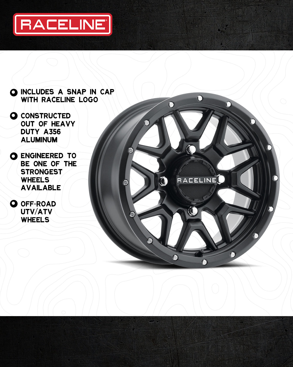 A94B Krank Simulated Beadlock wheel by Raceline, featuring a heavy-duty aluminum construction and a sleek black finish.