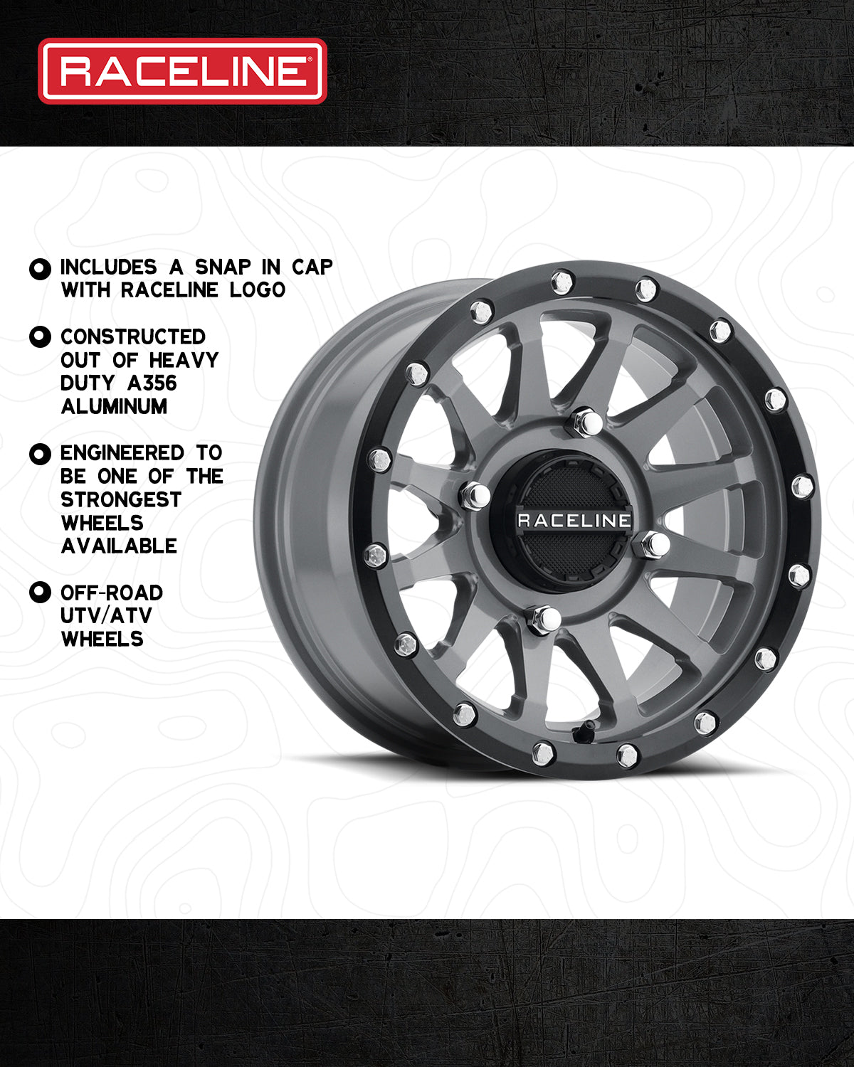 A95SG Trophy Simulated Beadlock wheel featuring a heavy-duty aluminum construction and Raceline logo, designed for off-road UTV and ATV use.