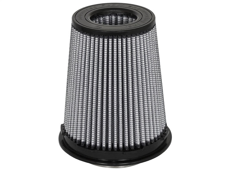 aFe MagnumFLOW Pro DRY S replacement air filter with a conical design, featuring a durable mesh and rubber base for optimal airflow.