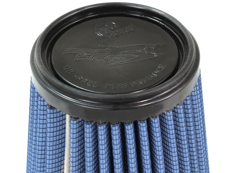 aFe MagnumFLOW Air Filter featuring a blue pleated design and a black top, designed for enhanced engine performance.