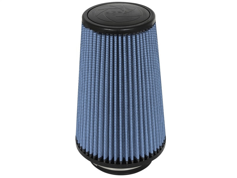 aFe MagnumFLOW Air Filter with a conical design, featuring a blue pleated filter media for enhanced airflow and performance.