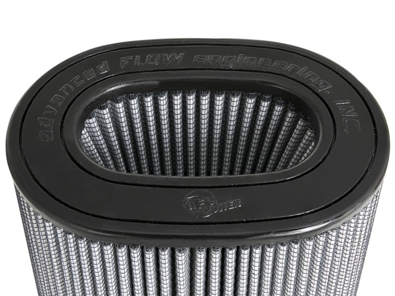 aFe Magnum FLOW Pro DRY S replacement air filter featuring a cylindrical design with a black rubber top and pleated filter media.
