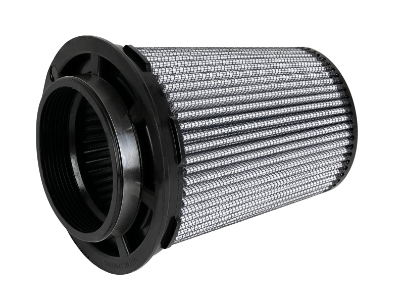 aFe MagnumFLOW Pro DRY S replacement air filter with a cylindrical design, featuring a mesh exterior and durable end caps.