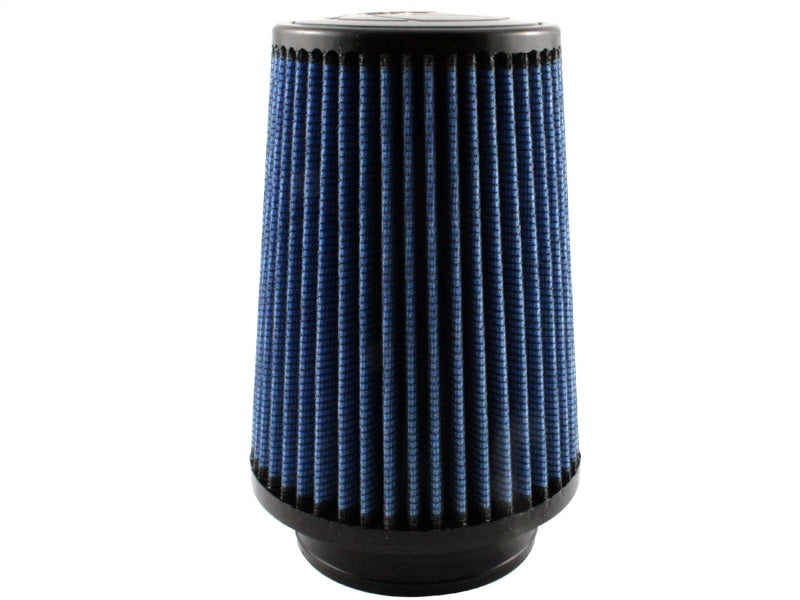 aFe MagnumFLOW Air Filter with a cylindrical design and blue pleated media, enhancing airflow for improved engine performance.