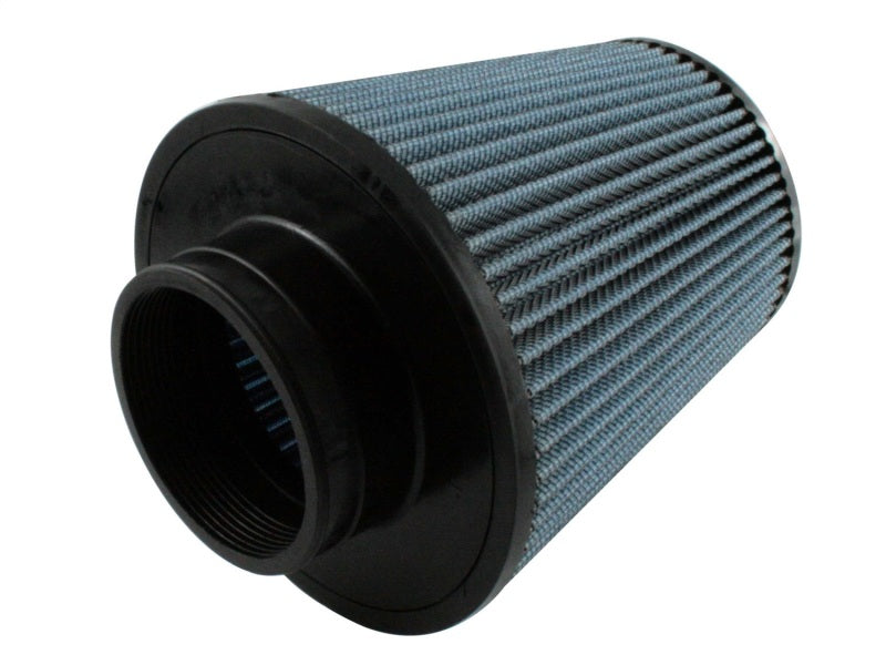 aFe MagnumFLOW Air Filter featuring a cylindrical design with a blue filter media and black end cap for improved airflow.