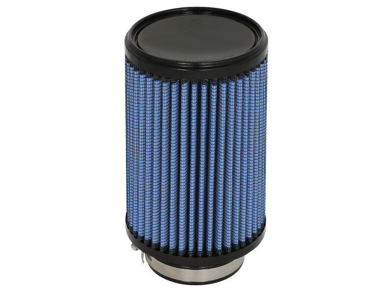 aFe MagnumFLOW Air Filter with a cylindrical design, featuring a blue mesh exterior and a metal base for enhanced airflow.