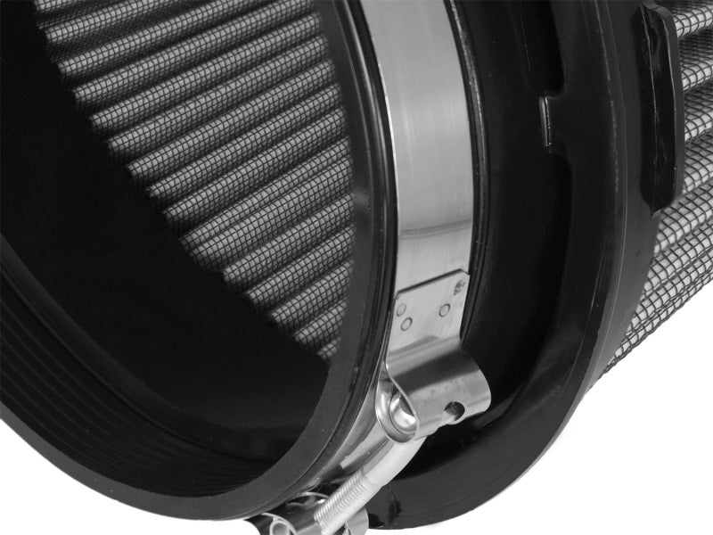 aFe MagnumFLOW Air Filter featuring a cylindrical design with a metal clamp and pleated filter media for enhanced airflow.