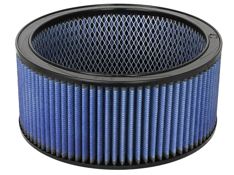 aFe MagnumFLOW Round Racing Air Filter with blue mesh and black frame, designed for high-performance applications.
