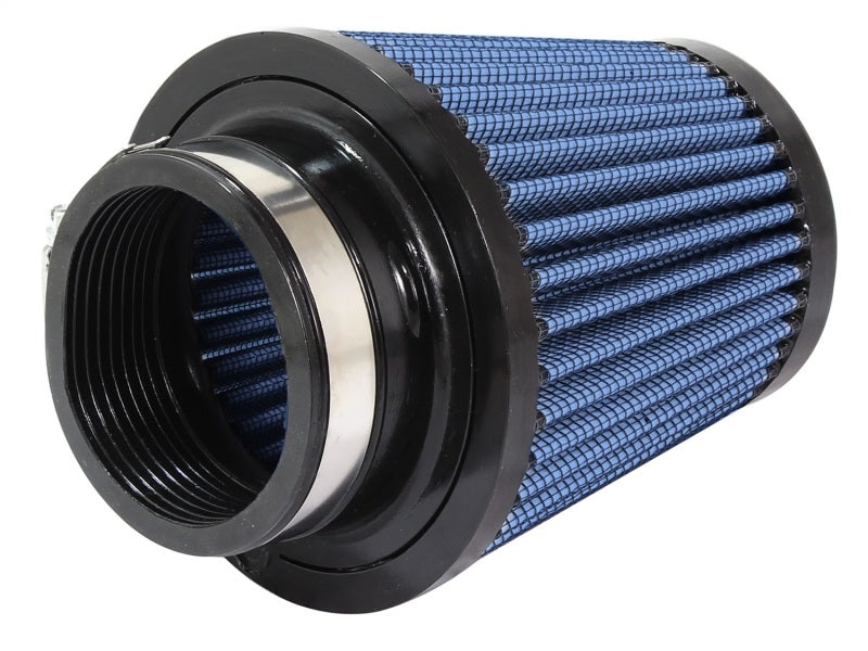 aFe MagnumFLOW Air Filter featuring a blue pleated design, cylindrical shape, and black rubber end caps for enhanced airflow.