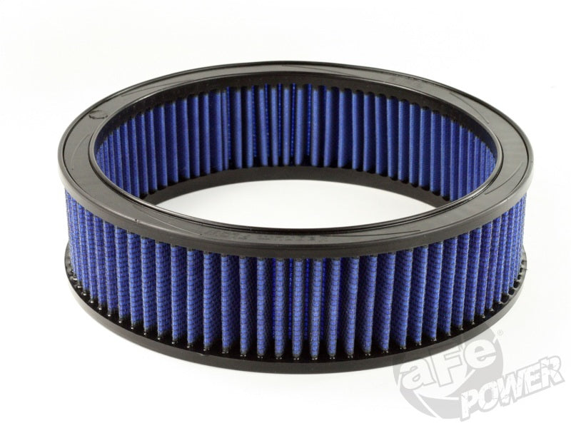 aFe MagnumFLOW Round Racing Air Filter with blue pleated media, measuring 11 inches OD, 9.25 inches ID, and 3 inches high.