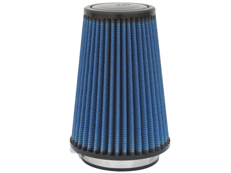 aFe MagnumFLOW Air Filter with a blue pleated design, featuring a cylindrical shape and a metal base for enhanced airflow.
