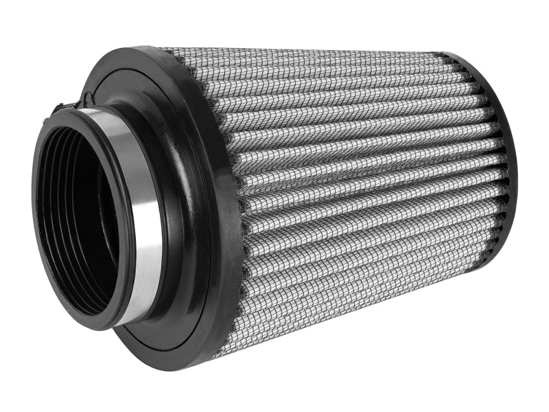 aFe MagnumFLOW Pro Dry S Air Filter featuring a cylindrical design with a mesh exterior and rubber fittings for optimal airflow.
