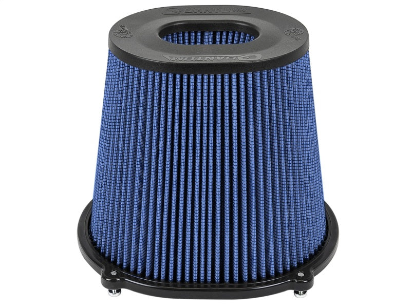 aFe Quantum Pro-5 R air filter with inverted top, 5-inch flange and 8-inch height, featuring a blue oiled filter design.