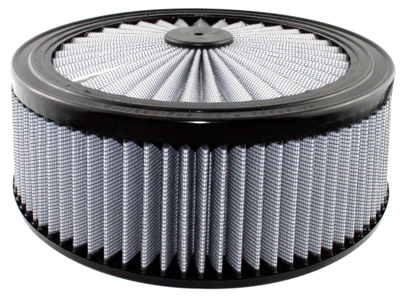 aFe MagnumFLOW Round Racing Air Filter designed for performance with a 14-inch diameter and 5-inch height for optimal airflow.