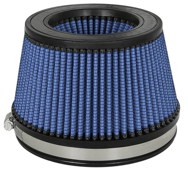 aFe MagnumFLOW Pro 5R universal air filter with a blue pleated design, measuring 6 inches front, 7 inches back, and 3.85 inches high.