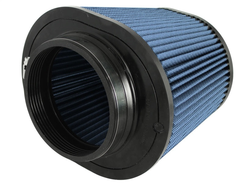 aFe MagnumFLOW Air Filter featuring a blue pleated design, cylindrical shape, and durable black rubber end caps for optimal airflow.