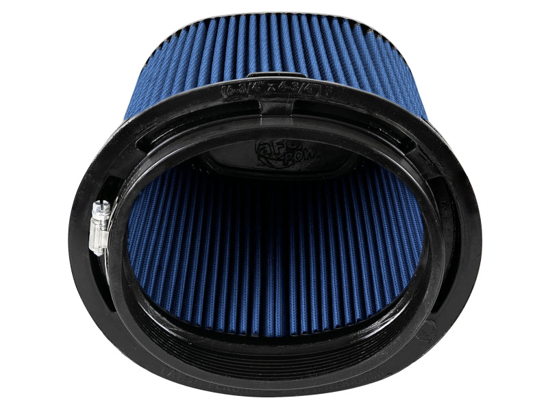 aFe Magnum FLOW Pro 5R universal air filter with blue pleated design, measuring 6.75x4.75 inches, enhances airflow and performance.