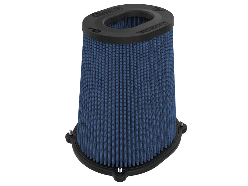 aFe Quantum Pro-5 R air filter with inverted top, featuring a 5.5-inch flange, 9-inch height, and oiled design for enhanced airflow.