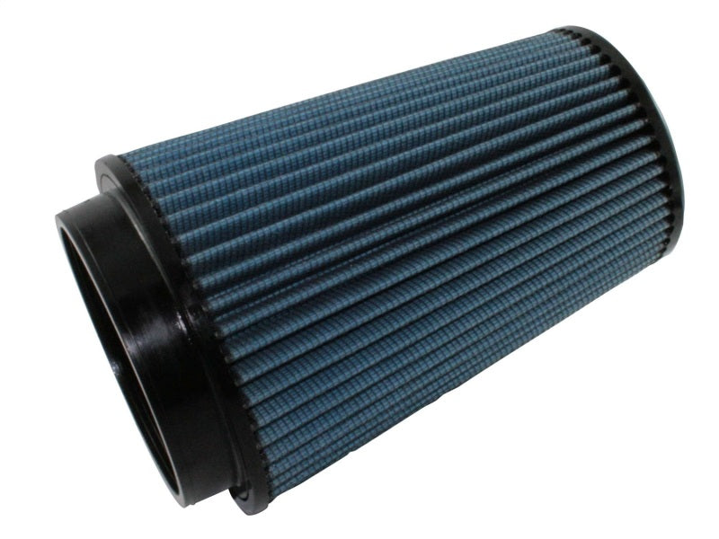 aFe MagnumFLOW Air Filter with a cylindrical design, featuring a blue pleated filter media for enhanced airflow and performance.