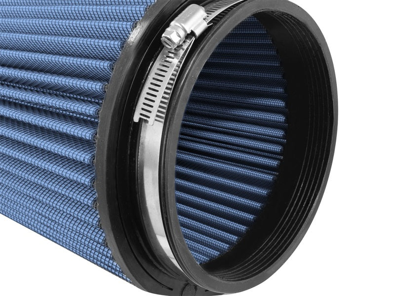 aFe MagnumFLOW Air Filter with a blue mesh design, featuring a durable rubber base and clamp for secure installation.