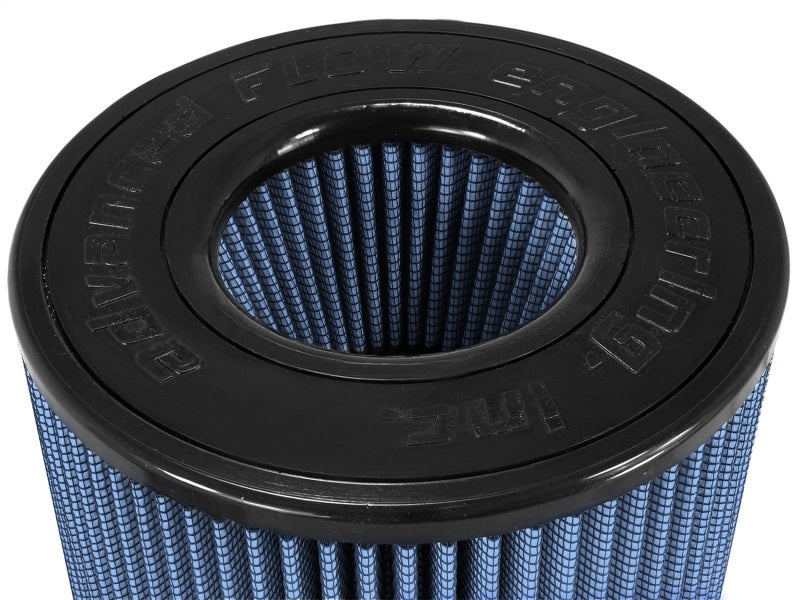 aFe MagnumFLOW Pro 5R universal air filter with inverted design, featuring a blue mesh and black rubber base for enhanced airflow.