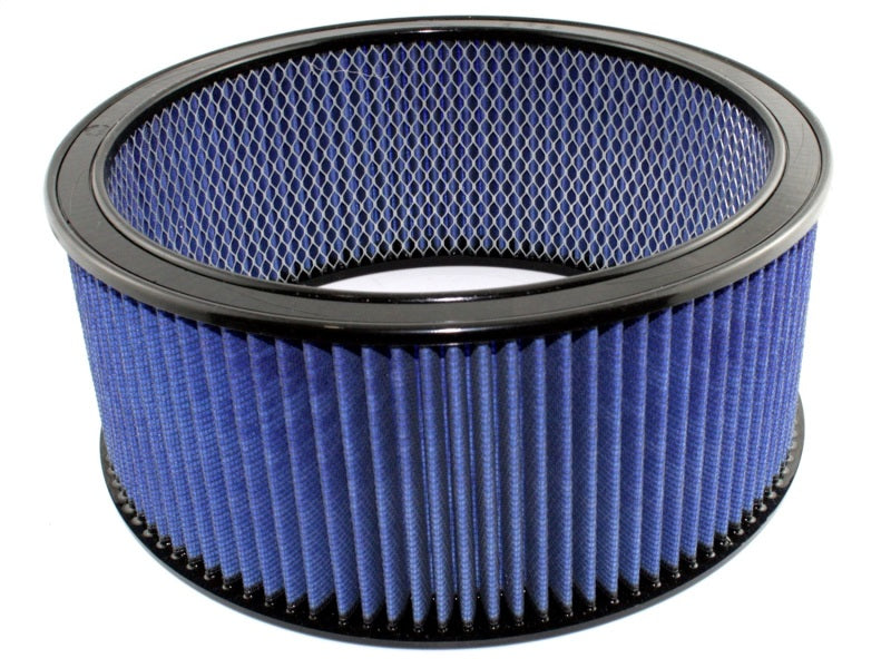 aFe MagnumFLOW round racing air filter with a blue pleated design, measuring 14 inches outer diameter and 12 inches inner diameter.