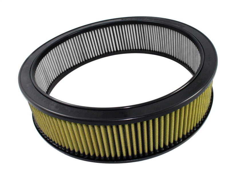 aFe MagnumFLOW round racing air filter with a 17.13 OD, 14.50 ID, and 4-inch height for enhanced engine performance.