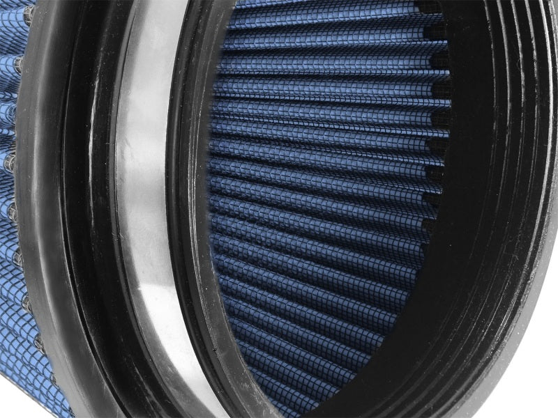 aFe MagnumFLOW Air Filter featuring a blue pleated design and a black rubber frame, designed for enhanced airflow and performance.