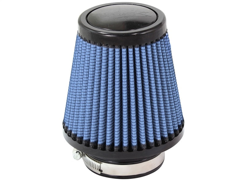 aFe MagnumFLOW Air Filter featuring a conical design with a blue mesh exterior, designed for enhanced airflow and performance.