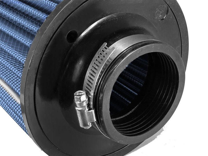 aFe MagnumFLOW Air Filter featuring a blue pleated design, cylindrical shape, and a 3/8-inch hole for easy installation.