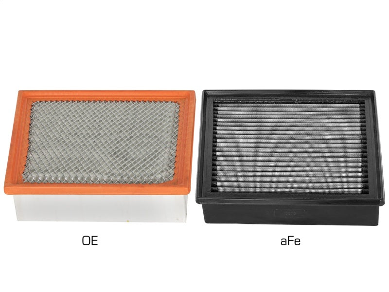 aFe MagnumFLOW Pro DRY S OE replacement air filter for 2017 GM Diesel Trucks V8 6.6L L5P, showcasing design comparison.