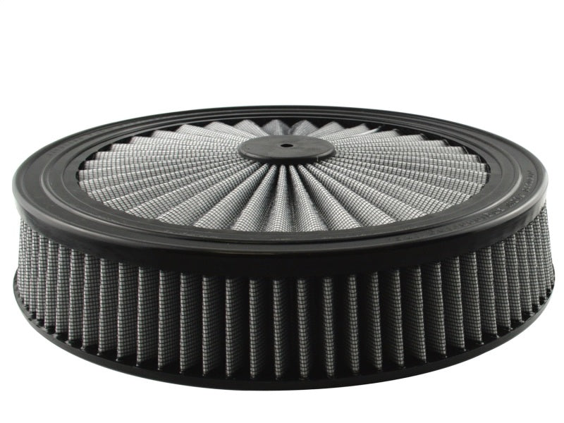 aFe MagnumFLOW Round Racing Air Filter designed for high performance, measuring 14 inches in diameter and 3 inches high.