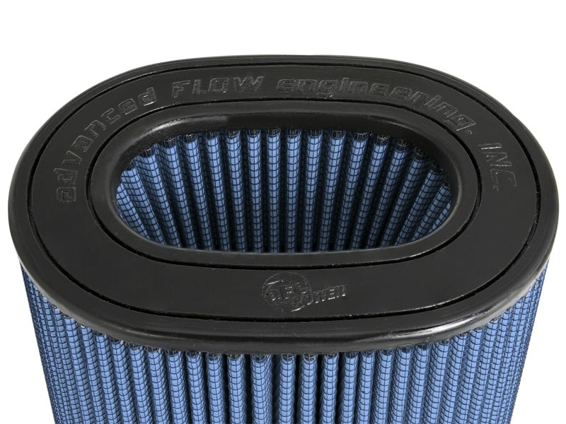 aFe Magnum FLOW Pro 5R replacement air filter featuring a blue mesh design and a black rubber frame, ideal for enhanced airflow.