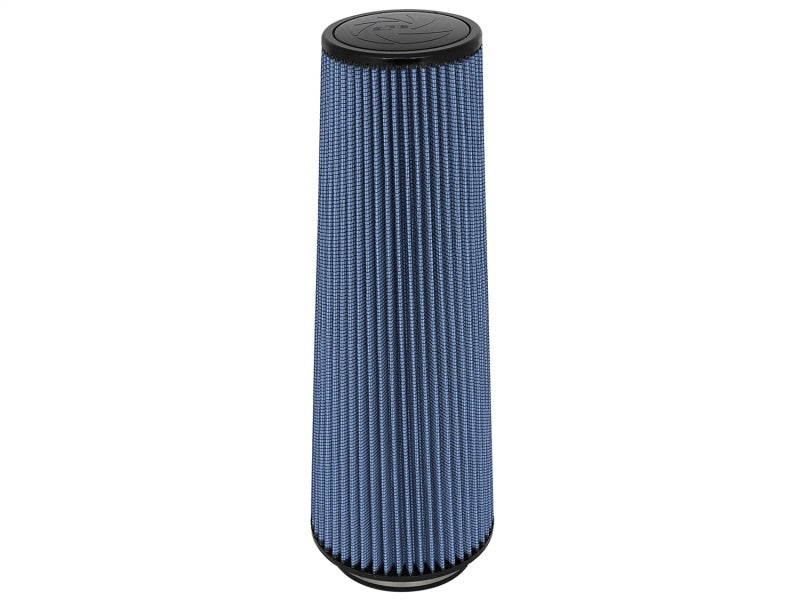 aFe MagnumFLOW Air Filter with a cylindrical design, featuring a blue pleated filter media for enhanced airflow and filtration.