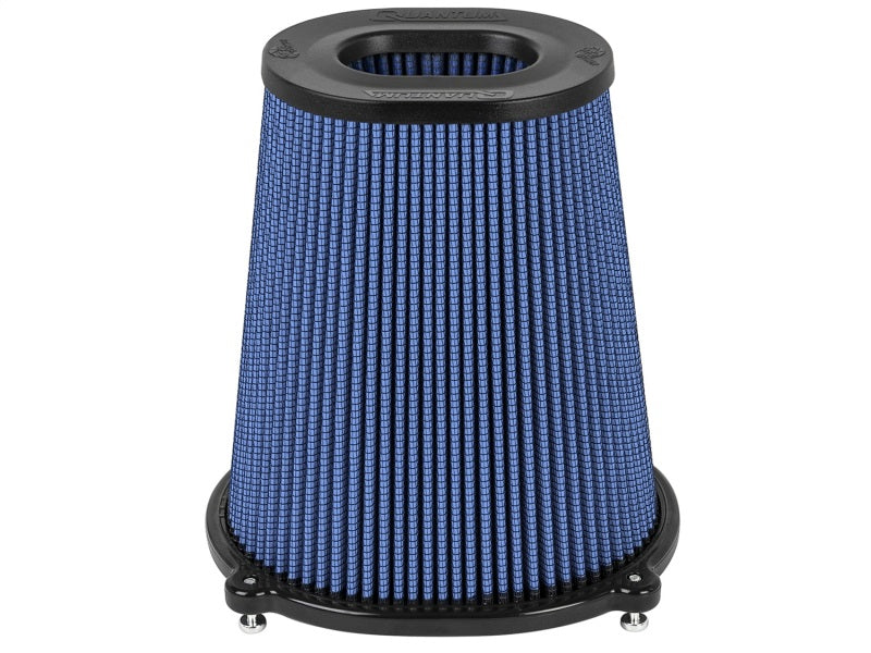 aFe Quantum Pro-5 R air filter with inverted top, featuring a blue pleated design and a 5.5-inch flange by 9-inch height.