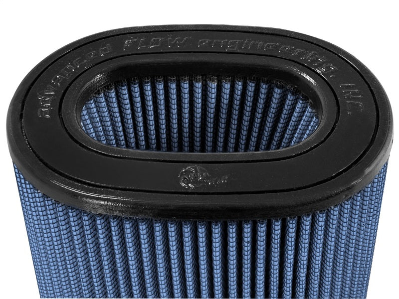aFe MagnumFLOW Air Filter Pro 5 R featuring a blue pleated design and oval shape for enhanced airflow and filtration.