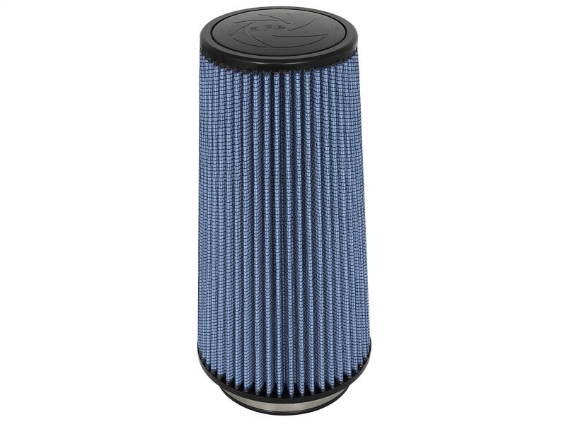 aFe MagnumFLOW Air Filter with a cylindrical design, featuring a blue pleated filter media and a black base.