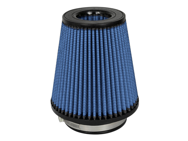 aFe MagnumFLOW air filter with a conical design, featuring a blue filter media and a metal base for enhanced airflow.