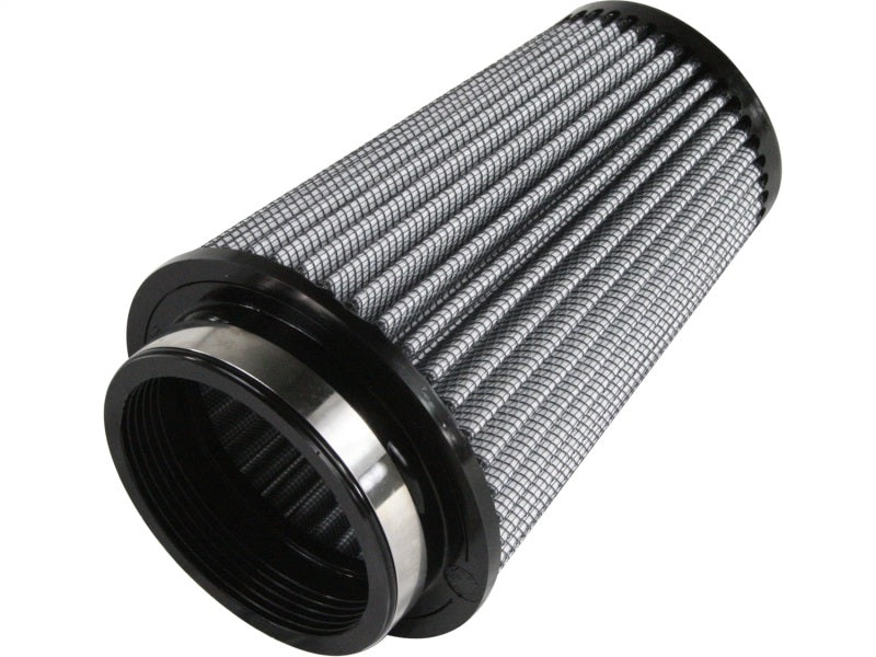 aFe MagnumFLOW Air Filter with a cylindrical design featuring a pleated filter media and a black rubber base for secure installation.