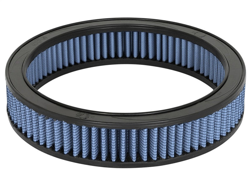 aFe MagnumFLOW Air Filter for GM cars and trucks from 1962 to 1987, featuring a blue filter media and durable frame.