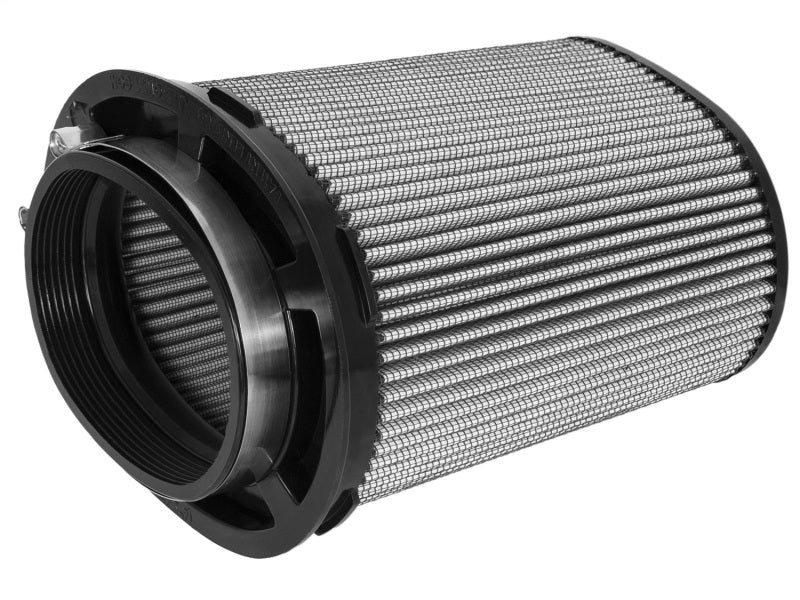 aFe MagnumFLOW Air Filter with a cylindrical design, featuring a mesh exterior and a black plastic base for enhanced airflow.