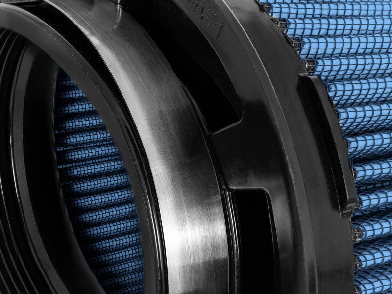 aFe Momentum Pro 5R universal air filter with a blue mesh design and a black rubber base, showcasing its detailed construction.