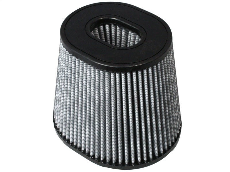 aFe MagnumFLOW ProDry S air filter with a conical shape, featuring a black top and pleated gray filter media for enhanced airflow.