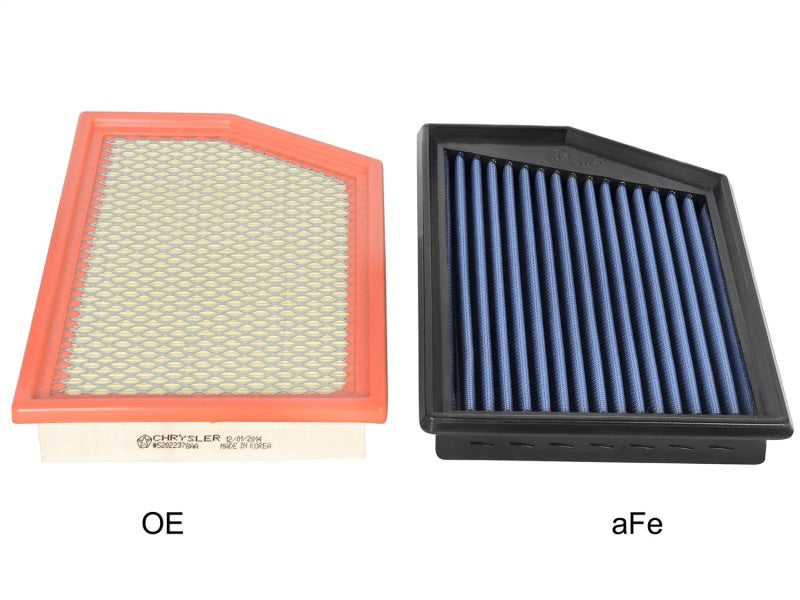 aFe MagnumFLOW OER Air Filter PRO 5R next to original equipment filter for 2014-2016 Jeep Cherokee V6 3.2L.
