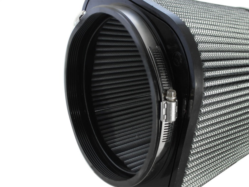 aFe MagnumFLOW Pro DRY S Universal Air Filter featuring a cylindrical design with a black frame and pleated filtration material.