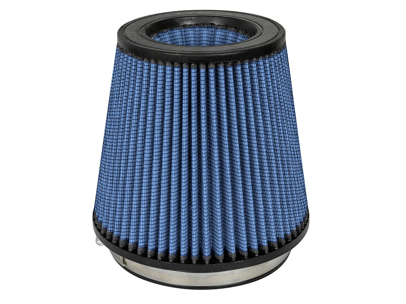 aFe MagnumFLOW Air Filter with a blue pleated design, featuring a cylindrical shape and a metal base for enhanced airflow.